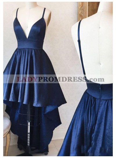 High Low Navy Blue Deep V Neck Spaghetti Straps Backless A Line Satin Homecoming Dresses