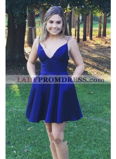 Deep V Neck Royal Blue Spaghetti Straps A Line Satin Pleated Sexy Short Homecoming Dresses