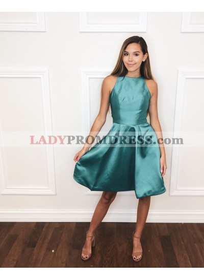 Halter A Line Pleated Satin Jade Sleeveless Knee Length Homecoming Dresses