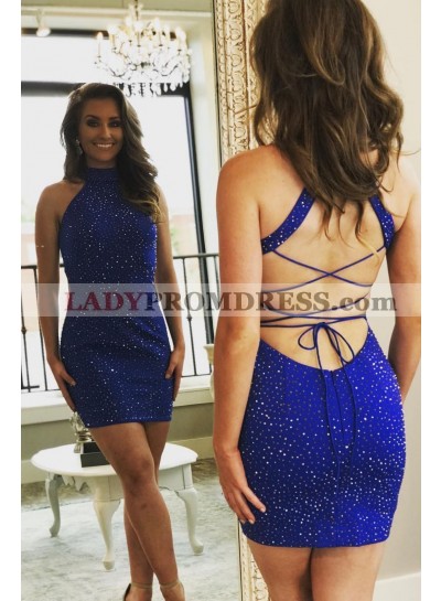Halter Royal Blue Sleeveless Criss Cross Cut Out Backless Short Sexy Sheath Homecoming Dresses