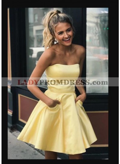Strapless Sweetheart A Line Satin Light Yellow Pockets Pleated Short Homecoming Dresses