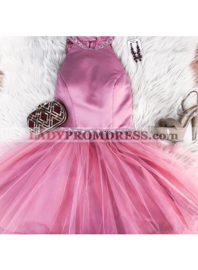 Halter Tulle Pink Sleeveless Short Pleated Simple Beading A Line Homecoming Dresses