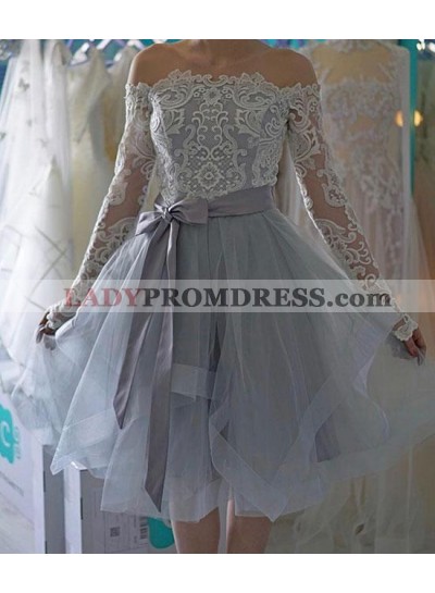 Off The Shoulder Long Sleeve Organza Lavender Bowknot Lace A Line Homecoming Dresses