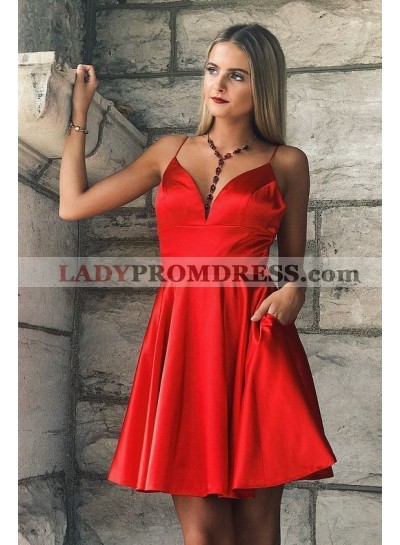 Spaghetti Straps V Neck Sexy A Line Satin Red Pleated Short Homecoming Dresses