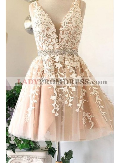 Deep V Neck Ivory Sleeveless A Line Tulle Lace Appliques Pleated Homecoming Dresses