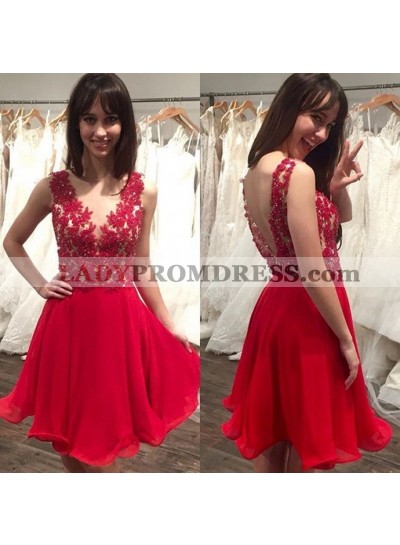 A Line Sheer Red Appliques Organza Pleated Backless Short Sleeveless Homecoming Dresses
