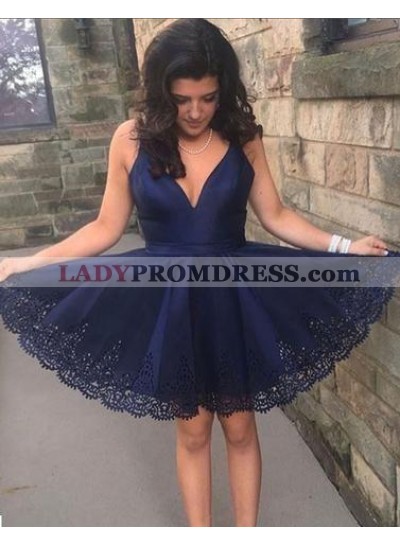 Sleeveless Deep V Neck A Line Pleated Satin Lace Navy Blue Sexy Homecoming Dresses