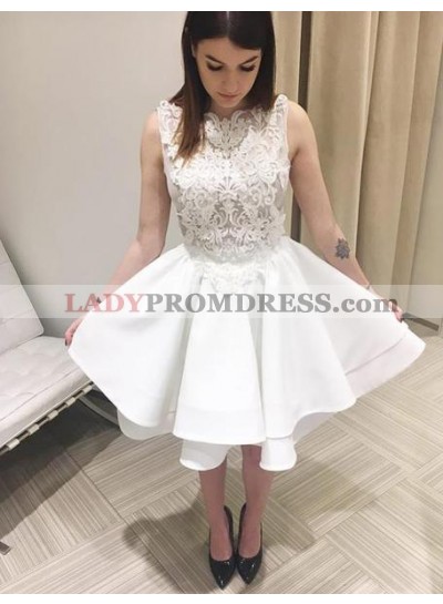 Bateau Ivory Sleeveless A Line Satin Tiered Pleated Appliques Short Homecoming Dresses