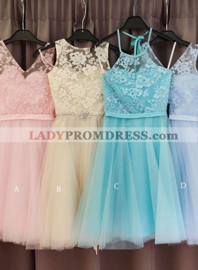 Lace Tulle A Line Pleated Flowers Sleeveless Knee Length Homecoming Dresses