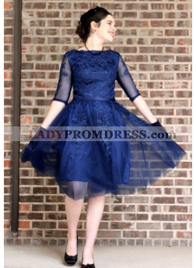 Bateau Navy Blue Half Sleeve Tulle Appliques A Line Pleated Elegant Homecoming Dresses