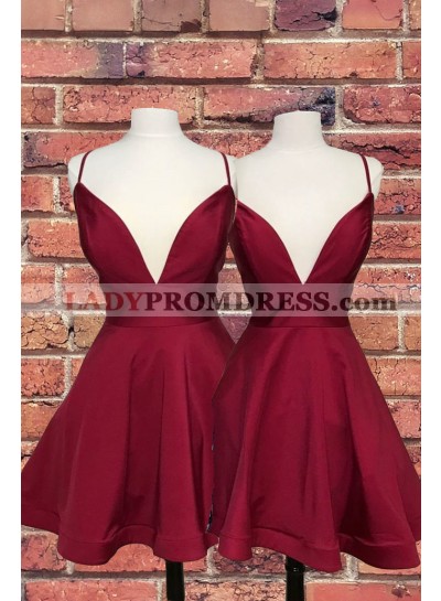 Deep V Neck Spaghetti Straps A Line Burgundy Satin Short Sexy Homecoming Dresses