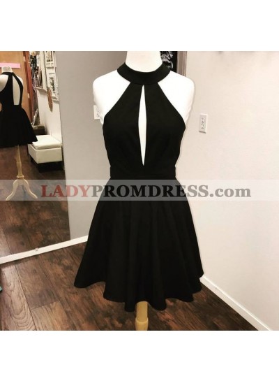 Halter Black Sleeveless Cut Out A Line Pleated Satin Backless Short Homecoming Dresses