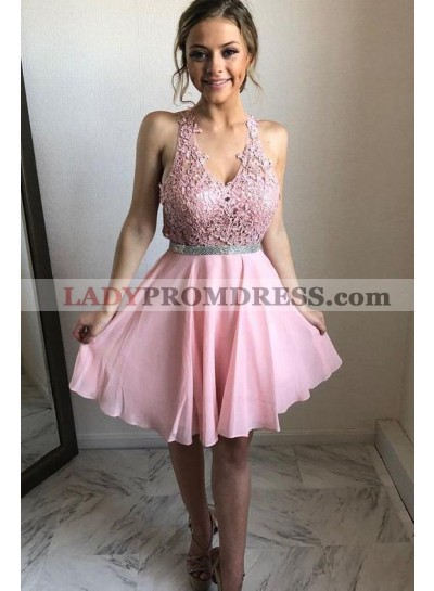 Chiffon Pink A Line Appliques Sleeveless V Neck Lace Short Homecoming Dresses