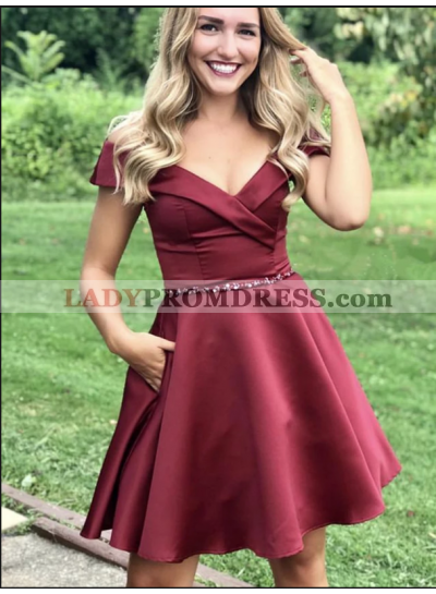 Burgundy V Neck Off The Shoulder A Line Satin Short Pleated Homecoming Dresses