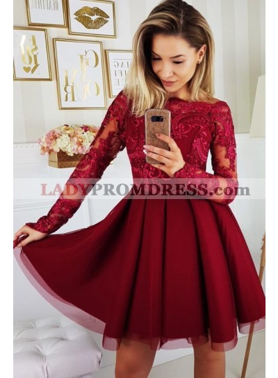 Burgundy Long Sleeve Bateau A Line Appliques Lace Tulle Pleated Homecoming Dresses