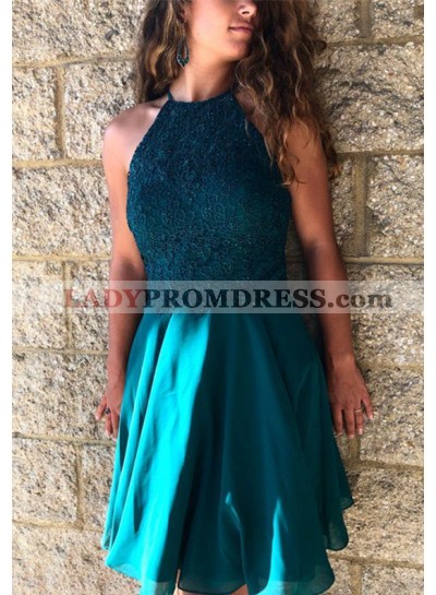 Halter Criss Cross Teal Backless A Line Appliques Chiffon Short Pleated Homecoming Dresses