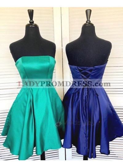 Strapless Backless Lace Up A Line Satin Short Pleated Homecoming Dresses