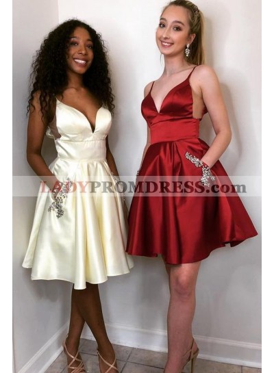 Spaghetti Straps Deep V Neck A Line Satin Sheer Short Pleated Homecoming Dresses