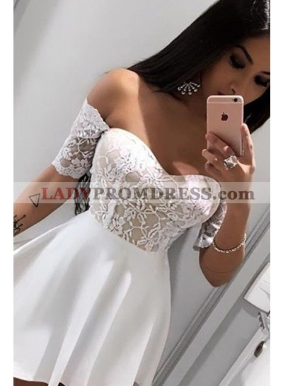 Off The Shoulder Half Sleeve A Line Lace Satin Ivory Short Homecoming Dresses