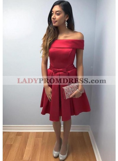 Off The Shoulder Red A Line Pleated Bowknot Elegant Satin Knee Length Homecoming Dresses
