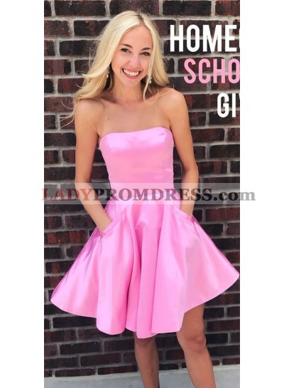 Strapless Straight Sleeveless A Line Pink Pleated Satin Short Pockets Homecoming Dresses