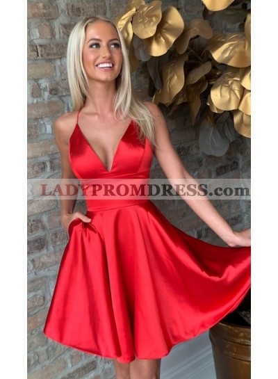 Deep V Neck Spaghetti Straps Short A Line Pleated Satin Halter Homecoming Dresses