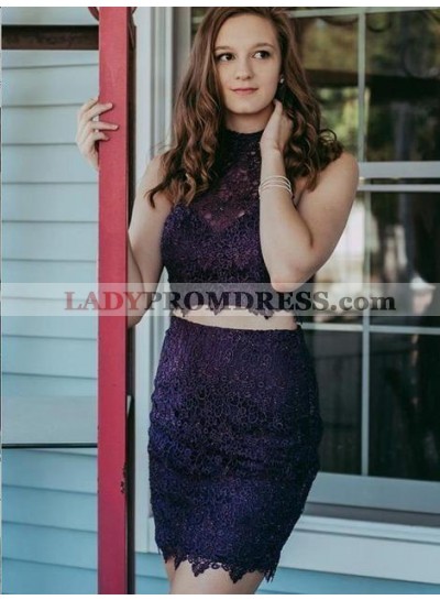 Halter Lace Two Pieces Sheath Short Sleeveless Flowers Purple Homecoming Dresses