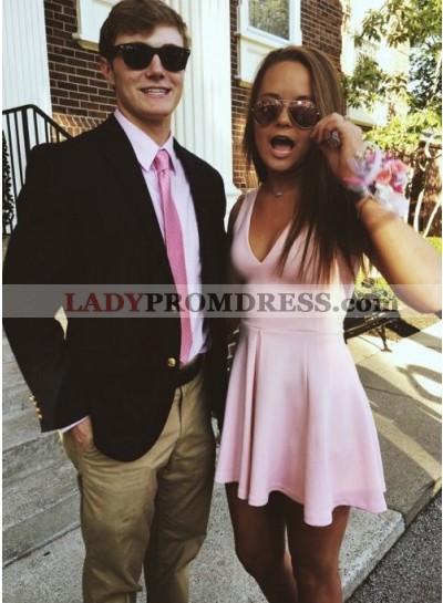 A Line Pleated Short Deep V Neck Pink Satin Sleeveless Sexy Homecoming Dresses