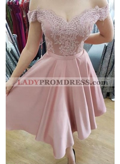 Dusty Rose Lace Off The Shoulder A Line Satin Pleated Short Homecoming Dresses