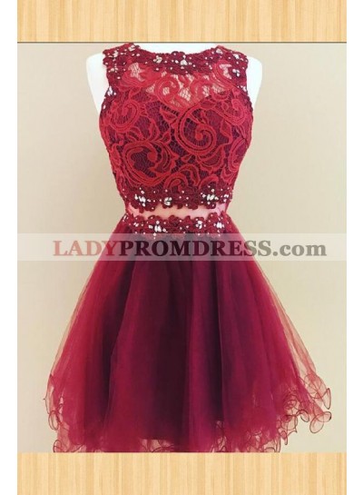 Short Sleeveless Jewel Lace Flowers Organza A Line Burgundy Homecoming Dresses