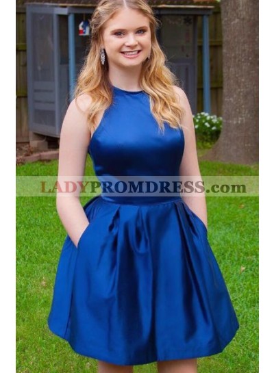 Halter Sleeveless A Line Pockets Satin Short Pleated Royal Blue Homecoming Dresses