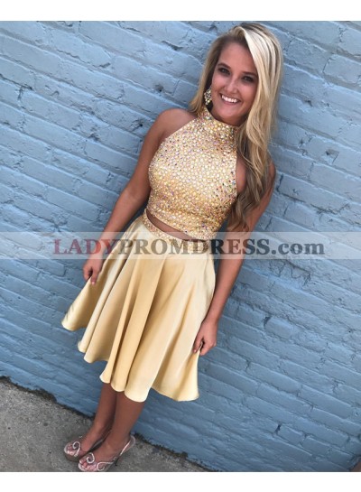 Sleeveless High Neck Two Pieces A Line Satin Pleated Short Homecoming Dresses