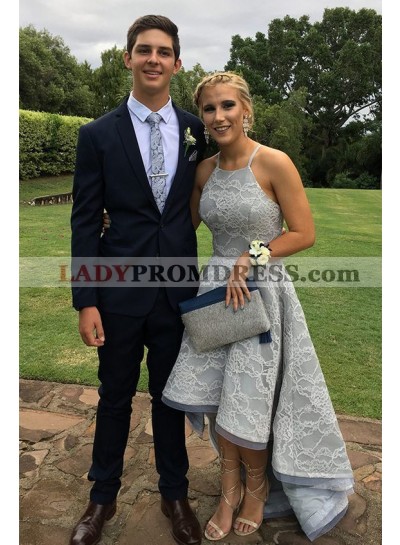 Grey Halter Sleeveless A Line High Low Pleated Lace Appliques Homecoming Dresses