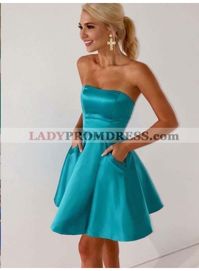 Teal Strapless A Line Short Pleated Satin Backless Pockets Homecoming Dresses