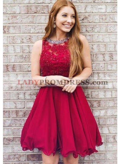 A Line Halter Sleeveless Pleated Red Lace Appliques Short Organza Homecoming Dresses