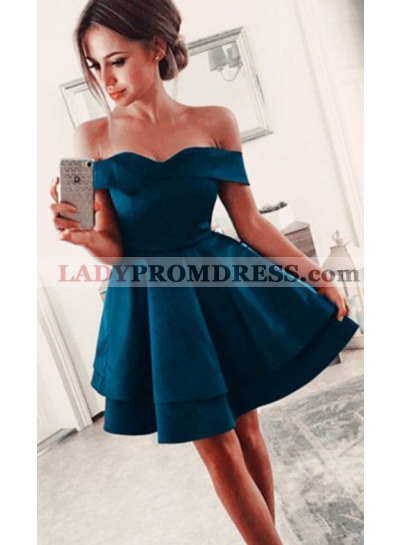 A Line Off The Shoulder Satin Tiered Pleated Short Elegant Tiered Homecoming Dresses