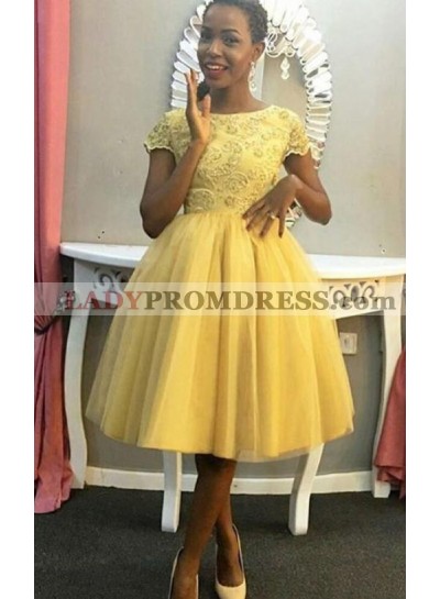Jewel Short Sleeve Ball Gown Tulle Pleated Knee Length Appliques Homecoming Dresses