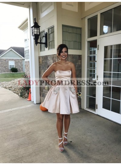 Strapless A Line Pleated Satin Sexy Rhinestone Short Ivory Homecoming Dresses