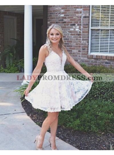 Sleeveless Deep V Neck Backless Lace A Line Pleated Sheer Homecoming Dresses