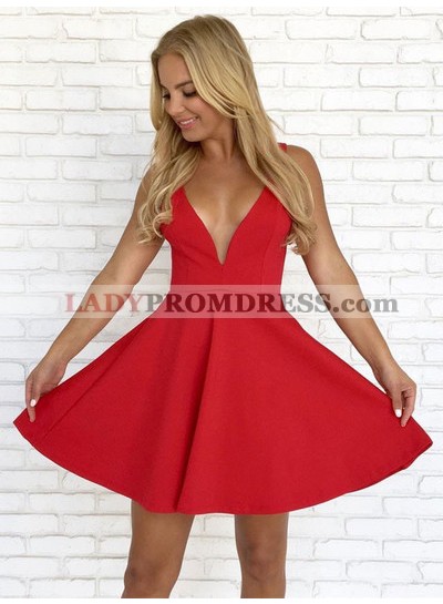 Red A Line Pleated Backless Satin Straps Deep V Neck Short Sexy Homecoming Dresses