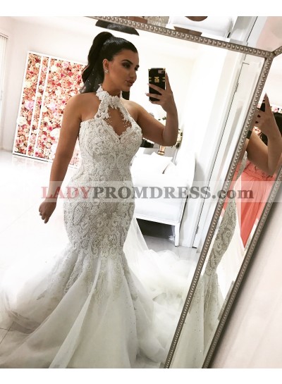Sexy Mermaid/Trumpet Tulle With Embroidery High Neck Long Plus Size Wedding Dresses / Bridal Gowns 2022