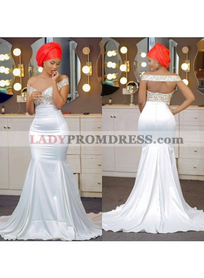 2022 Mermaid/Trumpet Satin Off Shoulder Embroidery Backless Long Wedding Dresses / Bridal Gowns