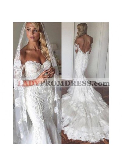 Sexy Mermaid/Trumpet Sweetheart Backless Tiered Lace Short Sleeves Long 2022 Wedding Dresses / Bridal Gowns