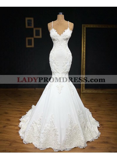 2023 Sexy Mermaid/Trumpet Spaghetti Straps Sweetheart Satin Applique Wedding Dresses / Bridal Gowns