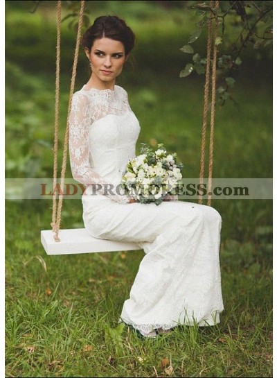 2023 Cheap Sheath Long Sleeves Floor Length Long Side Slit Lace Wedding Dresses / Bridal Gowns