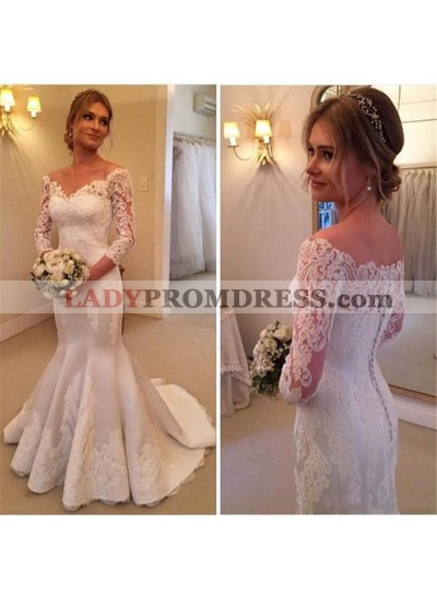 2023 Cheap Satin Mermaid/Trumpet Long Sleeves Off Shoulder Lace Wedding Dresses / Bridal Gowns