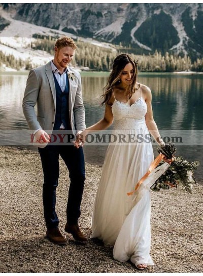 2023 Cheap A Line/Princess Chiffon Lace Spaghetti Straps Backless Beach Wedding Dresses / Bridal Gowns