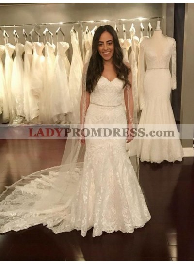 Elegant Sheath Lace Sweetheart Long Train Beaded Sash 2023 Wedding Dresses / Bridal Gowns