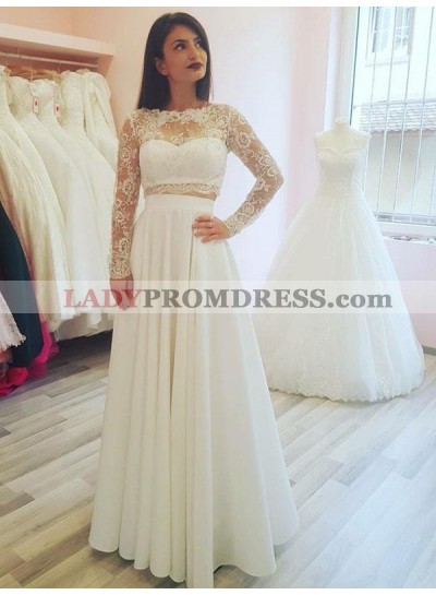 2022 Cheap A Line/Princess Chiffon Long Sleeves Two Pieces Beach Wedding Dresses / Bridal Gowns