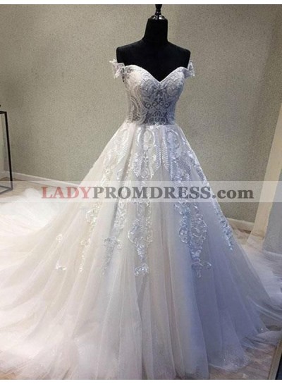 2023 Elegant A Line/Princess Off Shoulder Tulle Lace Up Long Lace Sweetheart Wedding Dresses / Bridal Gowns